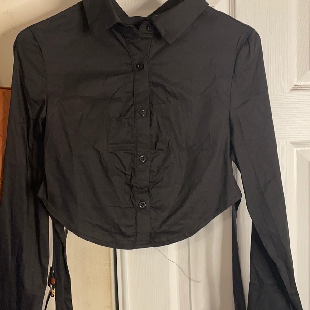 Black Crop Button Down Top